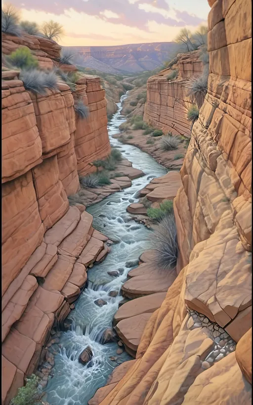 Prompt: highly detailed, UHD, HDR, 128K, color pencil, in the style of Norman Rockwell and Steve Hanks, with very fine grain style. a shallow and wide and rock gully with cracked stone and rock pebbles. A beautiful woman in white flowing robes stands on the edge of the rock ledge and the wind is blowing. There are ledges of rock overhanging over the edges of the gully and it is trimmed with mostly dry but an occasionally green brush, grass and tumble weed or other forest fauna including vines. in the middle of the gully there are falls of water still left from the last deluge that reflect the blue sky. a Texas Jackrabbit is brave enough to wander out to test the water. The rest of the scene is an serene scene with lush brush and grass. There is a blue sky with swirling cumulus clouds. There are low hills in the far distance that are faded and blue and some trees can be seen in the distance. There is ponding water that reflects the sky., 3d render, painting, photo, cinematic, poster