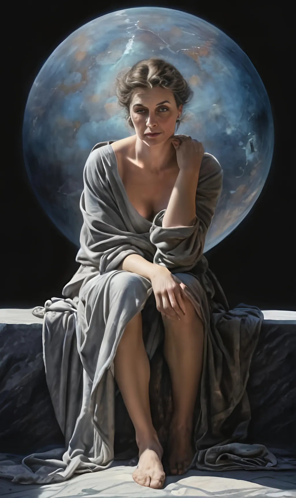 Prompt: create a hyper detailed painting, photo, illustration, UHD, HDR, 128K, colored pencil of a woman in grey robes standing on a boulder in an arid place portrait, ultra detailed, sharp focus, lightly muted color, atmospheric perspective, fade into the background, illustration, in the style of Norman Rockwell, and Steve Cloaked in a weathered leather jacket adorned with patches, an alluring woman wears practical cargo pants and sturdy hiking boots, signifying her connection to the wild. The surroundings showcase an expansive, panoramic view of untouched mountains, dense forests, and a pristine lake, capturing the essence of the wilderness in its raw beauty. Natural sunlight bathes the scene, casting warm and dynamic shadows on the woman's features. The sky is painted with the rich hues of a tranquil sunset, creating a breathtaking palette that mirrors the beauty of the outdoors. Her expression is one of quiet contemplation, a reflection of the peaceful solitude found in the heart of nature. Executed with an exceptional level of detail, the painting captures the intricacies of the woman's windblown hair, the texture of her well-worn jacket, and the nuanced play of light and shadow across the landscape