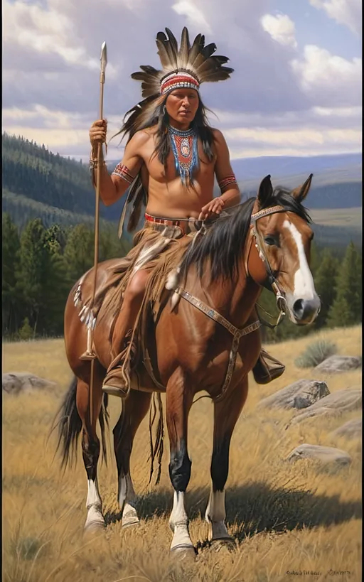 Prompt: create a realistic, hyper detailed, color pencil drawing, hyper detailed, UHD, HDR, 128K, In the heart of a picturesque landscape drawing in the style of Norman Rockwell, Steve Hanks, and Michael James Smith, dramatic natural lighting, portrait of a The Sioux Indian on a galloping horse counting coup is a traditional Native American ceremonial hunt that holds cultural significance among the Sioux people. In this dance, participants often wear elaborate traditional regalia, adorned with feathers, beads, and other symbolic elements.

Imagine a Sioux Indian dog dancer on a galloping horse, dressed in vibrant and meticulously crafted attire, consisting of fringed clothing, a headdress adorned with feathers, and intricate beadwork reflecting the cultural heritage of the Sioux tribe. The dancer moves with purpose and grace, embodying the spirit of the dog dance.