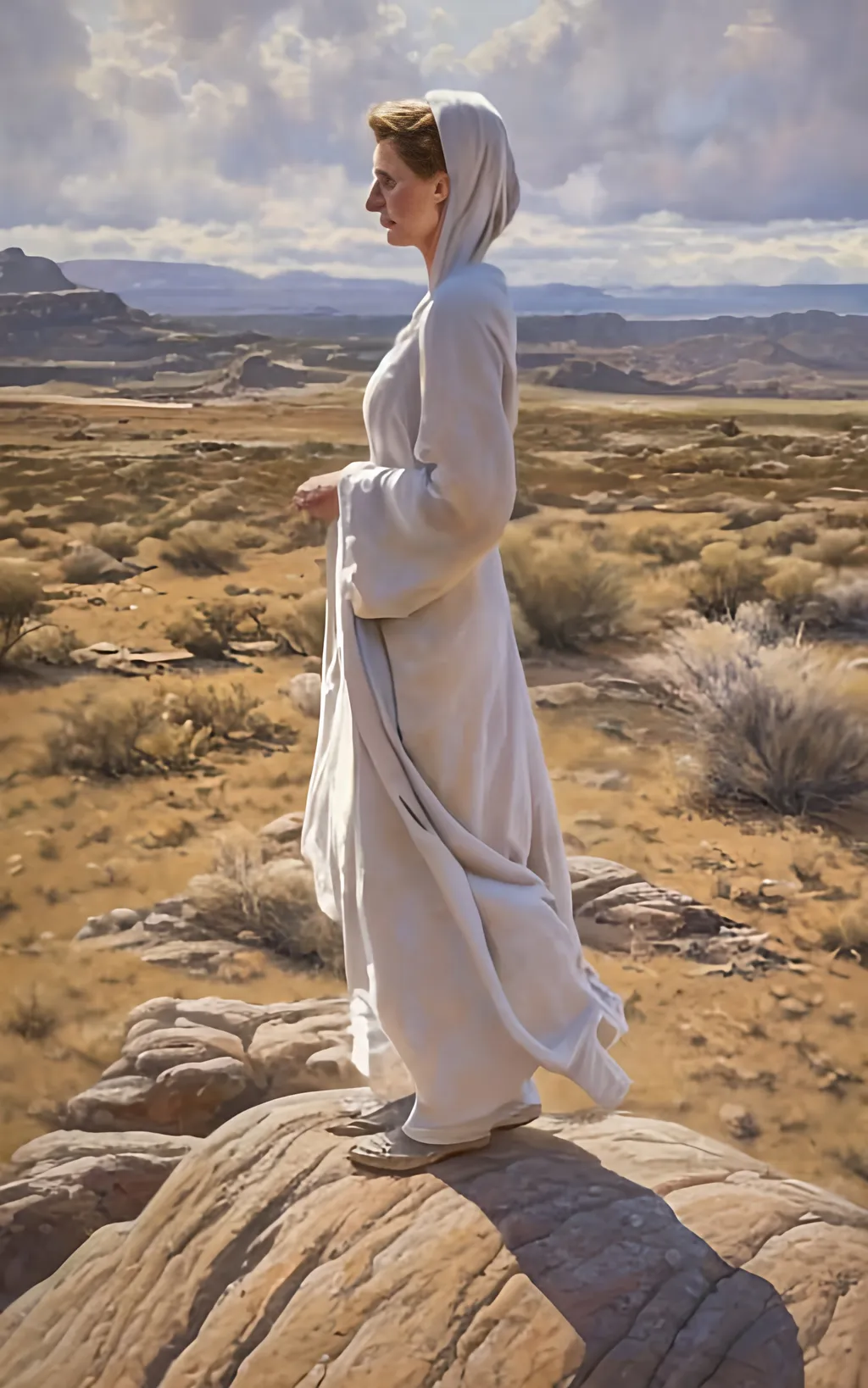 Prompt: create a hyper detailed painting, photo, illustration, UHD, HDR, 128K, colored pencil of a woman in grey robes standing on a boulder in an arid place portrait, ultra detailed, sharp focus, lightly muted color, atmospheric perspective, fade into the background, illustration, in the style of Norman Rockwell, and Steve Cloaked in a weathered leather jacket adorned with patches, an alluring woman wears practical cargo pants and sturdy hiking boots, signifying her connection to the wild. The surroundings showcase an expansive, panoramic view of untouched mountains, dense forests, and a pristine lake, capturing the essence of the wilderness in its raw beauty. Natural sunlight bathes the scene, casting warm and dynamic shadows on the woman's features. The sky is painted with the rich hues of a tranquil sunset, creating a breathtaking palette that mirrors the beauty of the outdoors. Her expression is one of quiet contemplation, a reflection of the peaceful solitude found in the heart of nature. Executed with an exceptional level of detail, the painting captures the intricacies of the woman's windblown hair, the texture of her well-worn jacket, and the nuanced play of light and shadow across the landscape