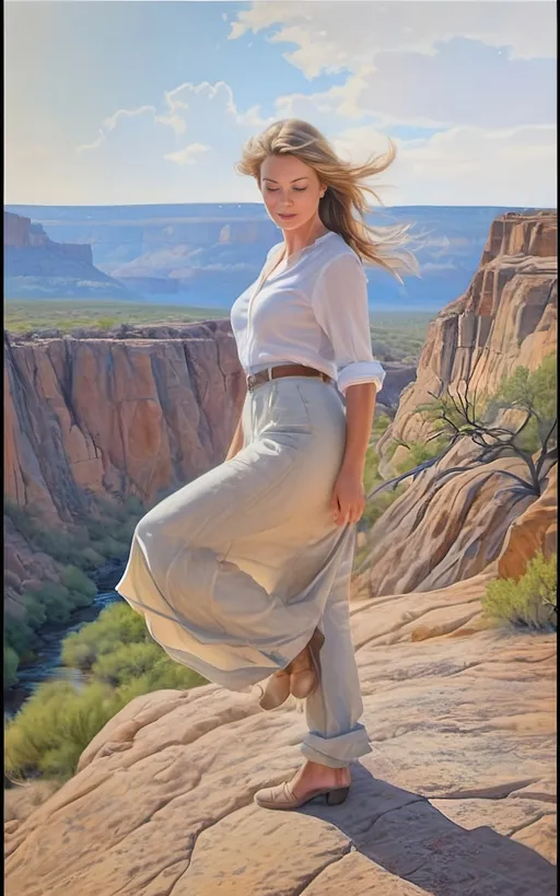 Prompt: create a hyper detailed, color pencil drawing, hyper detailed, UHD, HDR, 128K, standing on a rock portrait of a woman in in a semi-arid landscape portrait drawing in the style of Norman Rockwell, Steve Hanks, and Michael James Smith, portrait of woman, standing on the rock edge of a gulley with white drape billowing in the high wind. The woman forged by the harsh sands of a dystopian future and stands on the edge of a wide and rock gully with cracked stone and rock pebbles. Along the gully are ledges of rock overhanging over the edges of the gully and it is trimmed with mostly dry but an occasionally green brush, grass and tumble weed or other forest fauna including vines. in the middle of the gully there are falls of water still left from the last deluge that reflect the blue sky. a Texas Jackrabbit is brave enough to wander out to test the water. The rest of the scene is an serene scene with lush brush and grass. Dramatic natural light. There is a blue sky with swirling cumulus clouds. There are low hills in the far distance that are faded and blue and some trees can be seen in the distance. There is ponding water that reflects the sky., 3d render, painting, photo, cinematic, poster