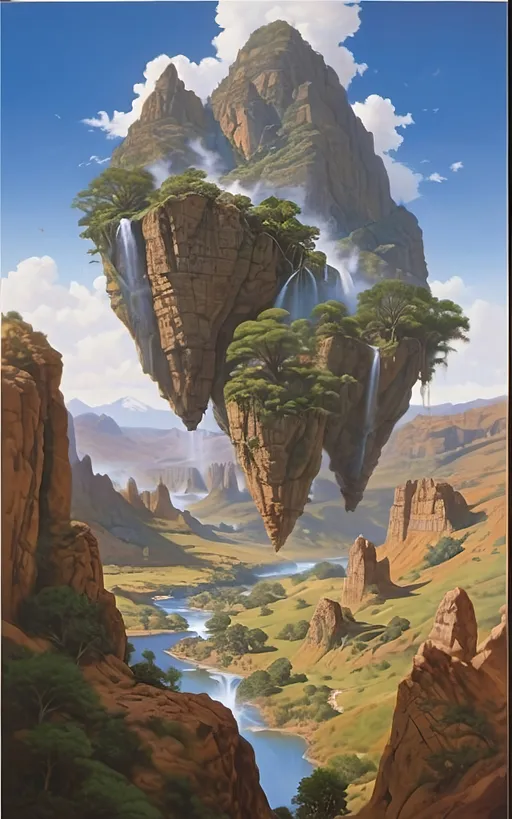 Prompt: in the style of Dalhart Windberg, Jean Baptiste, and Steve Hanks create a highly detailed and photorealistic painting of an otherworldly painting in of photorealistic realism of groups of floating mountains and verdant islands and some flat floating lands connected to each other by vines and tree roots, seemingly torn from a distant mountain range, create a surreal dreamscape that captivates the senses. These colossal formations, each with its own unique contours and character, cluster together in a harmonious dance of shapes and sizes, forming a mesmerizing tapestry against the backdrop of an endless sky. Upon these suspended landmasses, life flourishes in abundance. Trees of unimaginable size and diversity adorn the islands, their roots and vines intertwining in a delicate ballet that weaves through the air, connecting the floating wonders in a labyrinth of greenery. From the lofty peaks to the hidden recesses within the rocks, a myriad of flora and fauna thrives, painting the landscape with a kaleidoscope of colors and textures. As if drawn by an unseen hand, cascading waterfalls emerge from hidden springs nestled within the heart of the mountains, their crystalline streams carving sinuous paths down rugged slopes before dissolving into a fine mist that shrouds the landscape in an otherworldly veil. The air is alive with the soothing melody of rushing water and the gentle rustle of leaves, a symphony that echoes through the expanse, imbuing it with a sense of serene tranquility. Enveloping the floating marvels is a perpetual mist, its ethereal embrace adding an aura of mystery to the scene, obscuring distant vistas in a tantalizing haze. Below the suspended wonders lies a lush expanse of rolling hills and verdant valleys, their contours softened by a carpet of emerald foliage that stretches as far as the eye can see. Rocky bluffs rise majestically from the earth, their weathered faces bearing testament to the passage of time., cinematic, photo, poster