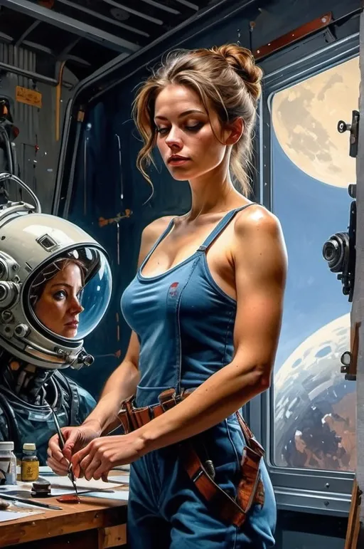 Prompt: Create a realistic, painting, and meticulously detailed, dramatic, realistic, hyperrealist, sfumato, vibrant, painterly painting of a woman in a biomechanical exosuit repairing a spacecraft in a cluttered hangar on an alien planet, with an alien skyline and twin moons visible through an open hangar door under an indigo sky.

OUTPUT2:
Create a realistic, impressionistic painting, and meticulously detailed, dramatic, realistic, sfumato, vibrant, painterly painting with sharp detail in the foreground, the artist expertly blends the styles of Norman Rockwell, Gustave Courbet, Steve Hanks, Moebius, Julie Bell, William Hagerman, Andrew Wyeth, Jen Christiansen, Popular Mechanics, and Frank Frazetta. Use Albert Bierstadt lighting and shadows. Use realistic and accurate scale, proportion, perspective, and foreshortening. The protagonist is the focal point of the image. The tonal range of the image is subdued, with a predominance of earthy, muted hues.  The lines, curves, and gradients create a harmonious, organic composition. There is a translucent outer glow around the protagonist. Mute the background and use atmospheric perspective for depth. Make sure the image is not busy or crowded.  Mute the background colors. Use strong natural lighting from one side and use a weak cool reflected light on the opposite side. Convert any protagonist into a contemporary style. Ensure the anatomy of the protagonist is accurate and to scale and the foreshortening and perspective is correct. The image should be lifelike and realistic. The folds of the fabric should look natural. Use atmospheric perspective, dramatic lighting, reflected light, cool colors in the shadows, and warm colors in the light. Use strong dramatic natural lighting from one side, cool colors in the background, and warm colors in the foreground. Use accurate anatomy, proportions, perspective, and foreshortening. Use Color Harmony and a Mother Color.