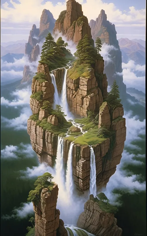 Prompt: in the style of Dalhart Windberg, Jean Baptiste, and Steve Hanks create a highly detailed and photorealistic painting of an otherworldly painting in of photorealistic realism of groups of floating mountains and verdant islands and some flat floating lands connected to each other by vines and tree roots, seemingly torn from a distant mountain range, create a surreal dreamscape that captivates the senses. These colossal formations, each with its own unique contours and character, cluster together in a harmonious dance of shapes and sizes, forming a mesmerizing tapestry against the backdrop of an endless sky. Upon these suspended landmasses, life flourishes in abundance. Trees of unimaginable size and diversity adorn the islands, their roots and vines intertwining in a delicate ballet that weaves through the air, connecting the floating wonders in a labyrinth of greenery. From the lofty peaks to the hidden recesses within the rocks, a myriad of flora and fauna thrives, painting the landscape with a kaleidoscope of colors and textures. As if drawn by an unseen hand, cascading waterfalls emerge from hidden springs nestled within the heart of the mountains, their crystalline streams carving sinuous paths down rugged slopes before dissolving into a fine mist that shrouds the landscape in an otherworldly veil. The air is alive with the soothing melody of rushing water and the gentle rustle of leaves, a symphony that echoes through the expanse, imbuing it with a sense of serene tranquility. Enveloping the floating marvels is a perpetual mist, its ethereal embrace adding an aura of mystery to the scene, obscuring distant vistas in a tantalizing haze. Below the suspended wonders lies a lush expanse of rolling hills and verdant valleys, their contours softened by a carpet of emerald foliage that stretches as far as the eye can see. Rocky bluffs rise majestically from the earth, their weathered faces bearing testament to the passage of time., cinematic, photo, poster