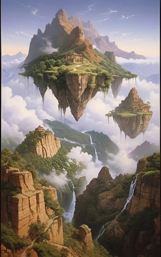 Prompt: in the style of Dalhart Windberg, Jean Baptiste, and Steve Hanks create a highly detailed and photorealistic painting of an otherworldly painting in of photorealistic realism of groups of floating mountains and verdant islands and some flat floating lands connected to each other by vines and tree roots, seemingly torn from a distant mountain range, create a surreal dreamscape that captivates the senses. These colossal formations, each with its own unique contours and character, cluster together in a harmonious dance of shapes and sizes, forming a mesmerizing tapestry against the backdrop of an endless sky. Upon these suspended landmasses, life flourishes in abundance. Trees of unimaginable size and diversity adorn the islands, their roots and vines intertwining in a delicate ballet that weaves through the air, connecting the floating wonders in a labyrinth of greenery. From the lofty peaks to the hidden recesses within the rocks, a myriad of flora and fauna thrives, painting the landscape with a kaleidoscope of colors and textures. As if drawn by an unseen hand, cascading waterfalls emerge from hidden springs nestled within the heart of the mountains, their crystalline streams carving sinuous paths down rugged slopes before dissolving into a fine mist that shrouds the landscape in an otherworldly veil. The air is alive with the soothing melody of rushing water and the gentle rustle of leaves, a symphony that echoes through the expanse, imbuing it with a sense of serene tranquility. Enveloping the floating marvels is a perpetual mist, its ethereal embrace adding an aura of mystery to the scene, obscuring distant vistas in a tantalizing haze. Below the suspended wonders lies a lush expanse of rolling hills and verdant valleys, their contours softened by a carpet of emerald foliage that stretches as far as the eye can see. Rocky bluffs rise majestically from the earth, their weathered faces bearing testament to the passage of time., cinematic, photo, poster