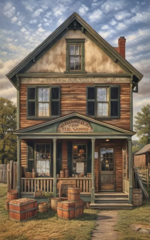 Prompt: create a realistic, hyper detailed, color pencil drawing, hyper detailed, UHD, HDR, 128K, In the heart of a picturesque landscape drawing in the style of Norman Rockwell, Steve Hanks, and Michael James Smith, dramatic natural lighting, façade door and front window with reflection of western dry goods store in 1880 zoomed into window with "Dry Goods" painted on window with reflection; view of the window and door front view portrait of the façade of a dry goods store. The 1880s dry goods store presents a nostalgic glimpse into the past, frozen in a frame of time. The weathered façade of the establishment, constructed from aged wood, bears the marks of countless seasons and stories. As you zoom in, your eyes are drawn to the front window, a portal to the world within. The window, adorned with the bold proclamation "Dry Goods" in a rustic western font, is a canvas that captures the essence of the era. Half of the glass surface is dappled with a glaring reflection, mirroring the surroundings of the bustling street. Buildings, clouds, and the expansive sky blend into a mosaic of distorted imagery, adding an atmospheric touch to the scene. On the unblemished half of the window, the interior of the store comes to life. A curated display of dry goods, neatly arranged on shelves, is visible to those passing by. Bolts of fabric, hats, and various items that cater to the needs of the townsfolk create a visual feast behind the clear glass.