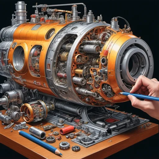 Prompt: create a realistic, hyper detailed, crisp focus, sharp focus, UHD, HDR, 128K, a hyper realistic, vibrant color color pencil technical illustration cutaway drawing of small submersible disassembly parts exploded view disassembly, hyper detailed drawing, in the style of Norman Rockwell, Caravaggio, Steve Hanks, and Michael James Smith, using atmospheric perspective, with dramatic lighting, drawing of 
 . The drawing is predominantly adorned with rich vibrant colors, with a striking accent color, BD8B0E, adding an electrifying touch, 


a technical illustration cutaway drawing of a small submersible disassembly parts exploded view disassembly