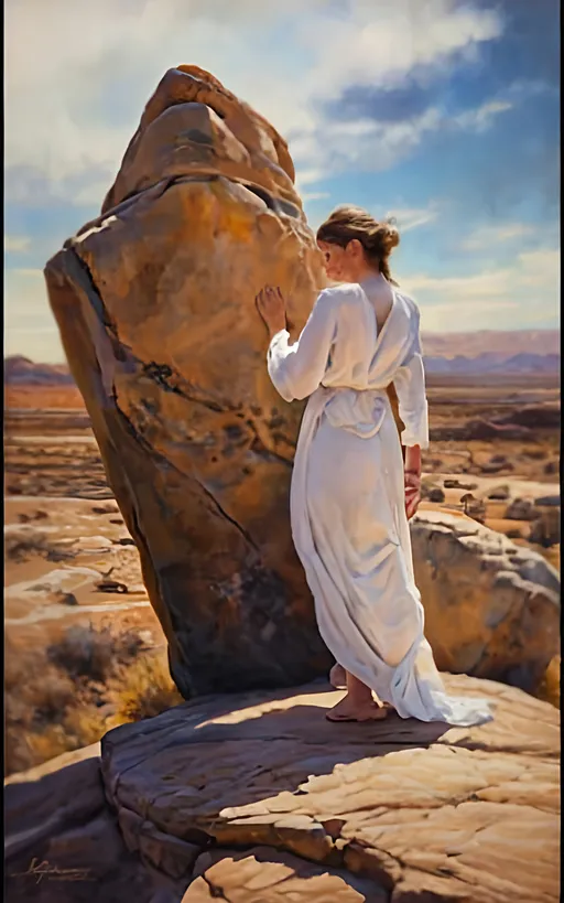 Prompt: create a hyper detailed painting, photo, illustration, UHD, HDR, 128K, colored pencil of a woman in grey robes standing on a boulder in an arid place portrait, ultra detailed, sharp focus, lightly muted color, atmospheric perspective, fade into the background, illustration, in the style of Norman Rockwell, and Steve Cloaked in a weathered leather jacket adorned with patches, an alluring woman wears practical cargo pants and sturdy hiking boots, signifying her connection to the wild. The surroundings showcase an expansive, panoramic view of untouched mountains, dense forests, and a pristine lake, capturing the essence of the wilderness in its raw beauty. Natural sunlight bathes the scene, casting warm and dynamic shadows on the woman's features. The sky is painted with the rich hues of a tranquil sunset, creating a breathtaking palette that mirrors the beauty of the outdoors. Her expression is one of quiet contemplation, a reflection of the peaceful solitude found in the heart of nature. Executed with an exceptional level of detail, the painting captures the intricacies of the woman's windblown hair, the texture of her well-worn jacket, and the nuanced play of light and shadow across the landscape