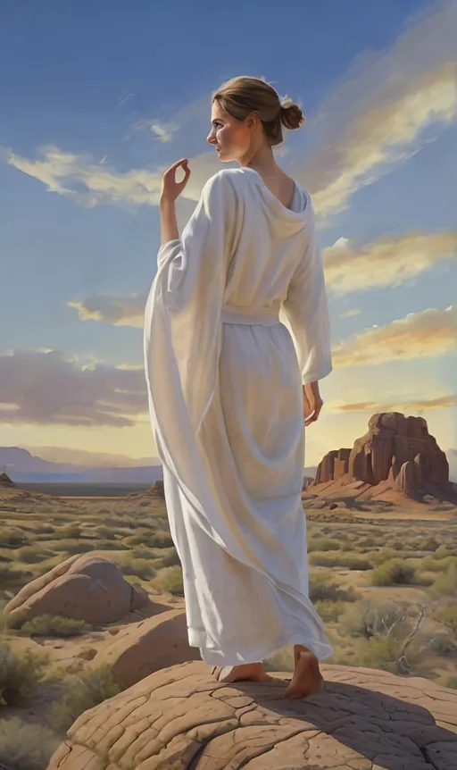 Prompt: create a hyper detailed painting, photo, illustration, UHD, HDR, 128K, colored pencil of a woman in grey robes standing on a boulder in an arid place portrait, ultra detailed, sharp focus, lightly muted color, atmospheric perspective, fade into the background, illustration, in the style of Norman Rockwell, and Steve Cloaked in a weathered leather jacket adorned with patches, an alluring woman wears practical cargo pants and sturdy hiking boots, signifying her connection to the wild. The surroundings showcase an expansive, panoramic view of untouched mountains, dense forests, and a pristine lake, capturing the essence of the wilderness in its raw beauty. Natural sunlight bathes the scene, casting warm and dynamic shadows on the woman's features. The sky is painted with the rich hues of a tranquil sunset, creating a breathtaking palette that mirrors the beauty of the outdoors. Her expression is one of quiet contemplation, a reflection of the peaceful solitude found in the heart of nature. Executed with an exceptional level of detail, the painting captures the intricacies of the woman's windblown hair, the texture of her well-worn jacket, and the nuanced play of light and shadow across the landscape