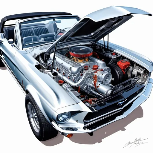 Prompt: create a realistic, hyper detailed, crisp focus, sharp focus, UHD, HDR, 128K, a hyper realistic, vibrant color color pencil technical illustration cutaway drawing, on white paper, of an isometric silver 1967 ford shelby mustang convertible disassembly parts exploded view disassembly, hyper detailed drawing, in the style of Norman Rockwell, Caravaggio, Steve Hanks, and Michael James Smith, using atmospheric perspective, with dramatic lighting, drawing of 
 . The drawing is predominantly adorned with rich vibrant colors, with a striking accent color, BD8B0E, adding an electrifying touch.  add negative space around object. white space. color pencil drawing


a technical illustration cutaway drawing of a small submersible disassembly parts exploded view disassembly