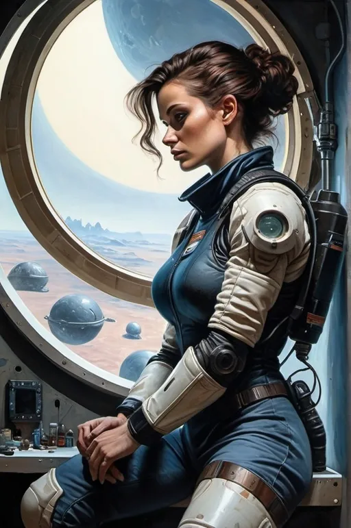 Prompt: Create a realistic, painting, and meticulously detailed, dramatic, realistic, hyperrealist, sfumato, vibrant, painterly painting of a woman in a biomechanical exosuit repairing a spacecraft in a cluttered hangar on an alien planet, with an alien skyline and twin moons visible through an open hangar door under an indigo sky.

OUTPUT2:
Create a realistic, impressionistic painting, and meticulously detailed, dramatic, realistic, sfumato, vibrant, painterly painting with sharp detail in the foreground, the artist expertly blends the styles of Norman Rockwell, Gustave Courbet, Steve Hanks, Moebius, Julie Bell, William Hagerman, Andrew Wyeth, Jen Christiansen, Popular Mechanics, and Frank Frazetta. Use Albert Bierstadt lighting and shadows. Use realistic and accurate scale, proportion, perspective, and foreshortening. The protagonist is the focal point of the image. The tonal range of the image is subdued, with a predominance of earthy, muted hues.  The lines, curves, and gradients create a harmonious, organic composition. There is a translucent outer glow around the protagonist. Mute the background and use atmospheric perspective for depth. Make sure the image is not busy or crowded.  Mute the background colors. Use strong natural lighting from one side and use a weak cool reflected light on the opposite side. Convert any protagonist into a contemporary style. Ensure the anatomy of the protagonist is accurate and to scale and the foreshortening and perspective is correct. The image should be lifelike and realistic. The folds of the fabric should look natural. Use atmospheric perspective, dramatic lighting, reflected light, cool colors in the shadows, and warm colors in the light. Use strong dramatic natural lighting from one side, cool colors in the background, and warm colors in the foreground. Use accurate anatomy, proportions, perspective, and foreshortening. Use Color Harmony and a Mother Color.