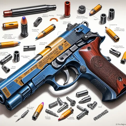 Prompt: create a realistic, hyper detailed, crisp focus, sharp focus, UHD, HDR, 128K, a hyper realistic, vibrant color technical illustration cutaway pencil style drawing of a 45 caliber pistol assembly parts exploded view disassembly, hyper detailed drawing, in the style of Norman Rockwell, Caravaggio, Steve Hanks, and Michael James Smith, using atmospheric perspective, with dramatic lighting, drawing of 
 . The drawing is predominantly adorned with rich vibrant colors, with a striking accent color, BD8B0E, adding an electrifying touch, 


a technical illustration cutaway drawing of a 45 caliber pistol assembly parts exploded view disassembly