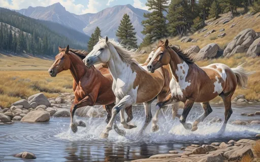 Prompt: create a hyper detailed, hyper detailed, 800 dpi, standing on a rock portrait drawing in the style of Norman Rockwell, Steve Hanks, and Michael James Smith, dramatic natural lighting, portrait of a breathtaking blue sky with swirling clouds, close up of a black, red, and white wild horse running through water and making a splash with transparent splashes charging through water running across the shadowy river bed scene, cinematic, poster, photo
