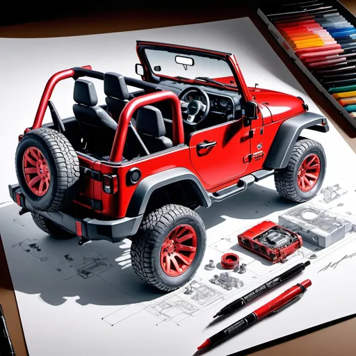 Prompt: create a realistic, hyper detailed, crisp focus, sharp focus, UHD, HDR, 128K, a hyper realistic, vibrant color color pencil technical illustration cutaway drawing, on white paper, of an isometric cherry red Jeep Wrangler disassembly parts exploded view disassembly, hyper detailed drawing, in the style of Norman Rockwell, Caravaggio, Steve Hanks, and Michael James Smith, using atmospheric perspective, with dramatic lighting, drawing of 
 . The drawing is predominantly adorned with rich vibrant colors, with a striking accent color, BD8B0E, adding an electrifying touch.  add negative space around object. white space. color pencil drawing


a technical illustration cutaway drawing of a small submersible disassembly parts exploded view disassembly