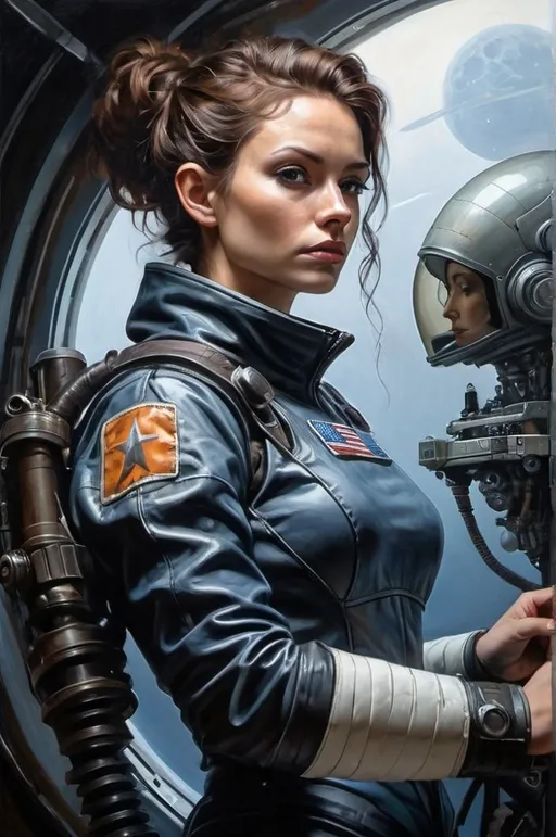 Prompt: Create a realistic, painting, and meticulously detailed, dramatic, realistic, hyperrealist, sfumato, vibrant, painterly painting of a woman in a biomechanical exosuit repairing a spacecraft in a cluttered hangar on an alien planet, with an alien skyline and twin moons visible through an open hangar door under an indigo sky.

OUTPUT2:
Create a realistic, impressionistic painting, and meticulously detailed, dramatic, realistic, sfumato, vibrant, painterly painting with sharp detail in the foreground, the artist expertly blends the styles of Norman Rockwell, Gustave Courbet, Steve Hanks, Moebius, Julie Bell, William Hagerman, Andrew Wyeth, Jen Christiansen, Popular Mechanics, and Frank Frazetta. Use Albert Bierstadt lighting and shadows. Use realistic and accurate scale, proportion, perspective, and foreshortening. The protagonist is the focal point of the image. The tonal range of the image is subdued, with a predominance of earthy, muted hues.  The lines, curves, and gradients create a harmonious, organic composition. There is a translucent outer glow around the protagonist. Mute the background and use atmospheric perspective for depth. Make sure the image is not busy or crowded.  Mute the background colors. Use strong natural lighting from one side and use a weak cool reflected light on the opposite side. Convert any protagonist into a contemporary style. Ensure the anatomy of the protagonist is accurate and to scale and the foreshortening and perspective is correct. The image should be lifelike and realistic. The folds of the fabric should look natural. Use atmospheric perspective, dramatic lighting, reflected light, cool colors in the shadows, and warm colors in the light. Use strong dramatic natural lighting from one side, cool colors in the background, and warm colors in the foreground. Use accurate anatomy, proportions, perspective, and foreshortening. Use Color Harmony and a Mother Color.