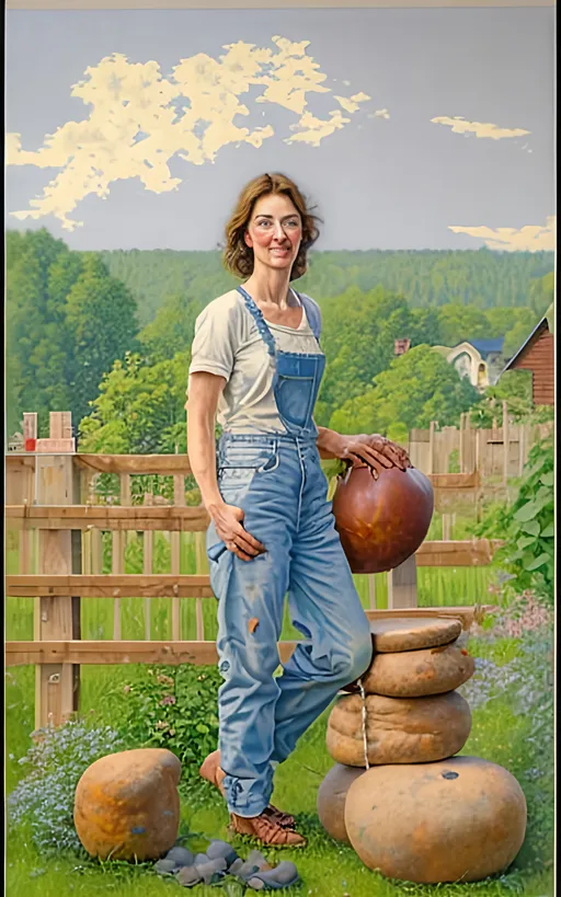 Prompt: create a highly detailed colored pencil drawing standing portrait on grey paper, in the style of Norman Rockwell, Tsutomu Nihei and Steve Hanks of  a                   beautiful and tranquil young country woman wearing jeans and sitting on a boulder portrait in her lush and overflowing garden next to her modest farm house reflecting on the days work, wearing a sun dress against an evening sky                        portrait on grey paper against a detailed hilly spring  landscape with dark swirling clouds of a brewing thunderhead against a full moon stirs in the background, in the style of Norman Rockwell, Tsutomu Nihei and Steve Hanks of                 
       the tranquil countryside, a country person sits comfortably on the front porch steps of a modest farmhouse, taking a moment to reflect on the day's endeavors. The surroundings exude a sense of peace and simplicity, inviting a connection with nature.  the face is hyper-detailed.
Dressed in well-worn yet tidy work clothes, the individual seems at ease, embodying the hardworking spirit of rural life. The porch, though not extravagant, is detailed and well-maintained, featuring a rocking chair and perhaps a wooden table with a cup of coffee or tea.  
As the person contemplates, their gaze extends to the expansive fields in the distance. The crops, recently planted, are beginning to sprout, promising a bountiful harvest in the future. The vibrant green of the emerging plants contrasts beautifully with the rich brown soil. 
Against the canvas of the rural landscape.
In this picturesque setting, the country person finds solace and fulfillment, appreciating the simplicity and beauty of a life intertwined with the land. The scene captures the essence of rural existence, where hard work and contemplation merge seamlessly against a backdrop of nature's wonders.