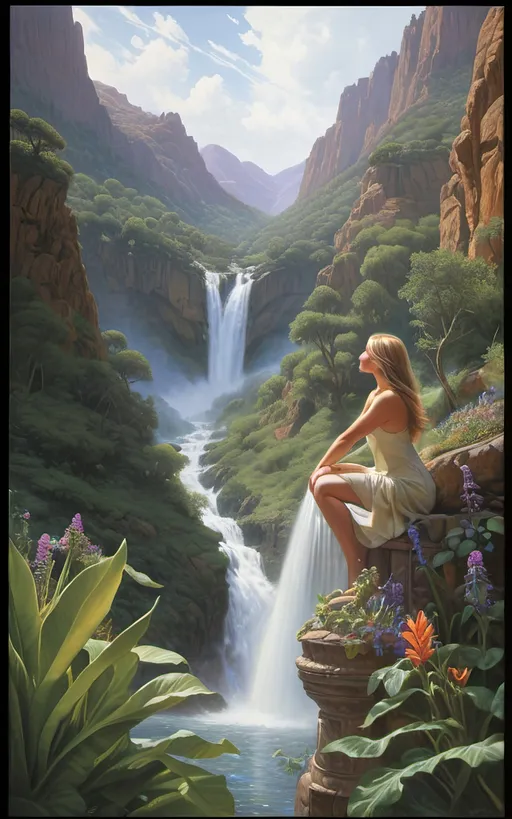 Prompt: in the style of Dalhart Windberg, Jean Baptiste, and Steve Hanks create a highly detailed painting of an otherworldly rainy landscape with green plants and cascading waterfalls. winged women are visible flying around above the water, an awe-inspiring masterpiece revealing a multifaceted tapestry that seamlessly fuses the fantastical and the futuristic. The canvas, an expansive testament to artistic virtuosity, stretches far beyond the viewer's grasp, capturing the infinite wonders of a distant celestial realm. The sky, a captivating celestial dome, pulses with dynamic gradients of color, transitioning from the deepest purples to shimmering iridescent blues, creating an atmospheric kaleidoscope that defies earthly expectations. As the eye delves into the intricacies of this lush alien world, the landscape reveals itself in layers of profound complexity. Atmospheric perspective, a skillful technique employed with precision, imparts a sense of vastness by gently shrouding distant formations in a subtle haze, conjuring an enigmatic allure that beckons exploration. In the foreground, an explosion of vibrant hues unveils an array of alien flora and fauna, each intricately detailed petal and tendril pulsating with an otherworldly energy. The meticulous application of color, reminiscent of the finest brushstrokes, grants life to this vibrant ecosystem, where every shade and tone harmonizes in a mesmerizing dance of color. The orchestration of the golden rectangle theory masterfully guides the arrangement of these vivid elements, weaving a visual symphony that invites the viewer on a journey through the composition. Dramatic lighting, reminiscent of celestial phenomena, bathes the scene in a dynamic radiance. Long shadows stretch across the jagged peaks and valleys, enhancing the three-dimensional quality of the landscape and infusing the environment with a sense of dynamism. The interplay between positive and negative space is an intricate ballet, where empty expanses seamlessly guide the viewer's gaze through the scene.