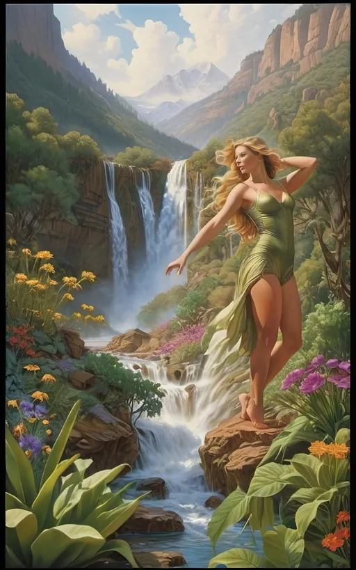 Prompt: in the style of Dalhart Windberg, Jean Baptiste, and Steve Hanks create a highly detailed painting of an otherworldly rainy landscape with green plants and cascading waterfalls. winged women are visible flying around above the water, an awe-inspiring masterpiece revealing a multifaceted tapestry that seamlessly fuses the fantastical and the futuristic. The canvas, an expansive testament to artistic virtuosity, stretches far beyond the viewer's grasp, capturing the infinite wonders of a distant celestial realm. The sky, a captivating celestial dome, pulses with dynamic gradients of color, transitioning from the deepest purples to shimmering iridescent blues, creating an atmospheric kaleidoscope that defies earthly expectations. As the eye delves into the intricacies of this lush alien world, the landscape reveals itself in layers of profound complexity. Atmospheric perspective, a skillful technique employed with precision, imparts a sense of vastness by gently shrouding distant formations in a subtle haze, conjuring an enigmatic allure that beckons exploration. In the foreground, an explosion of vibrant hues unveils an array of alien flora and fauna, each intricately detailed petal and tendril pulsating with an otherworldly energy. The meticulous application of color, reminiscent of the finest brushstrokes, grants life to this vibrant ecosystem, where every shade and tone harmonizes in a mesmerizing dance of color. The orchestration of the golden rectangle theory masterfully guides the arrangement of these vivid elements, weaving a visual symphony that invites the viewer on a journey through the composition. Dramatic lighting, reminiscent of celestial phenomena, bathes the scene in a dynamic radiance. Long shadows stretch across the jagged peaks and valleys, enhancing the three-dimensional quality of the landscape and infusing the environment with a sense of dynamism. The interplay between positive and negative space is an intricate ballet, where empty expanses seamlessly guide the viewer's gaze through the scene.