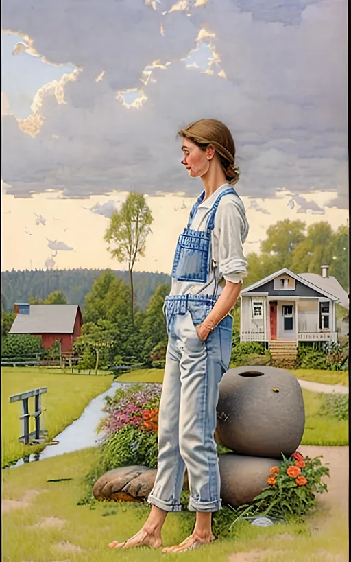 Prompt: create a highly detailed colored pencil drawing standing portrait on grey paper, in the style of Norman Rockwell, Tsutomu Nihei and Steve Hanks of  a                   beautiful and tranquil young country woman wearing jeans and sitting on a boulder portrait in her lush and overflowing garden next to her modest farm house reflecting on the days work, wearing a sun dress against an evening sky                        portrait on grey paper against a detailed hilly spring  landscape with dark swirling clouds of a brewing thunderhead against a full moon stirs in the background, in the style of Norman Rockwell, Tsutomu Nihei and Steve Hanks of                 
       the tranquil countryside, a country person sits comfortably on the front porch steps of a modest farmhouse, taking a moment to reflect on the day's endeavors. The surroundings exude a sense of peace and simplicity, inviting a connection with nature.  the face is hyper-detailed.
Dressed in well-worn yet tidy work clothes, the individual seems at ease, embodying the hardworking spirit of rural life. The porch, though not extravagant, is detailed and well-maintained, featuring a rocking chair and perhaps a wooden table with a cup of coffee or tea.  
As the person contemplates, their gaze extends to the expansive fields in the distance. The crops, recently planted, are beginning to sprout, promising a bountiful harvest in the future. The vibrant green of the emerging plants contrasts beautifully with the rich brown soil. 
Against the canvas of the rural landscape.
In this picturesque setting, the country person finds solace and fulfillment, appreciating the simplicity and beauty of a life intertwined with the land. The scene captures the essence of rural existence, where hard work and contemplation merge seamlessly against a backdrop of nature's wonders.