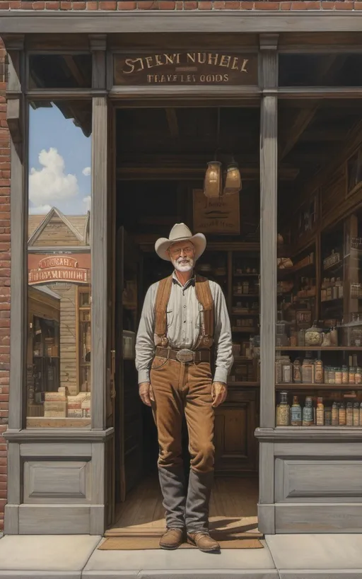 Prompt: create a highly detailed colored pencil drawing standing portrait on grey paper, in the style of Norman Rockwell, Tsutomu Nihei and Steve Hanks of a dry goods store façade. shown are wooden façade and wooden sidewalk, the door and front windows on each side with reflection of western dry goods store in 1880 zoomed into plate glass window with the words "Dry Goods" painted on window with a bright reflection; view of the window and door front view portrait of the façade of a dry goods store. The 1880s dry goods store presents a nostalgic glimpse into the past. The weathered façade of the establishment, constructed from aged wood. the front window is a portal to the world within. The window, adorned with the bold proclamation "Dry Goods" in a rustic western font. Half of the glass surface is dappled with a glaring reflection of the sky and street in front of the store. A horse and buckboard wagon is parked in the front half loaded with dry goods. The town sheriff is leaning on edifice