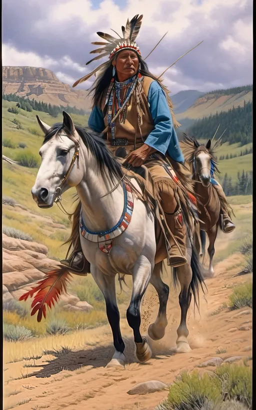 Prompt: create a realistic, hyper detailed, color pencil drawing, hyper detailed, UHD, HDR, 128K, In the heart of a picturesque landscape drawing in the style of Norman Rockwell, Steve Hanks, and Michael James Smith, dramatic natural lighting, portrait of a The Sioux Indian on a galloping horse counting coup is a traditional Native American ceremonial hunt that holds cultural significance among the Sioux people. In this dance, participants often wear elaborate traditional regalia, adorned with feathers, beads, and other symbolic elements.

Imagine a Sioux Indian dog dancer on a galloping horse, dressed in vibrant and meticulously crafted attire, consisting of fringed clothing, a headdress adorned with feathers, and intricate beadwork reflecting the cultural heritage of the Sioux tribe. The dancer moves with purpose and grace, embodying the spirit of the dog dance.