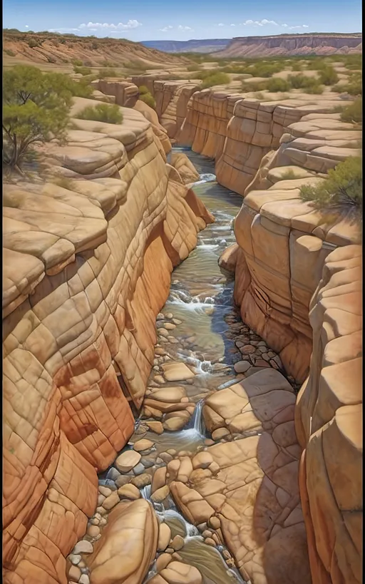 Prompt: highly detailed, UHD, HDR, 128K, color pencil, in the style of Norman Rockwell and Steve Hanks, with very fine grain style. a shallow and wide and rock gully with cracked stone and rock pebbles. A beautiful woman in white flowing robes stands on the edge of the rock ledge and the wind is blowing. There are ledges of rock overhanging over the edges of the gully and it is trimmed with mostly dry but an occasionally green brush, grass and tumble weed or other forest fauna including vines. in the middle of the gully there are falls of water still left from the last deluge that reflect the blue sky. a Texas Jackrabbit is brave enough to wander out to test the water. The rest of the scene is an serene scene with lush brush and grass. There is a blue sky with swirling cumulus clouds. There are low hills in the far distance that are faded and blue and some trees can be seen in the distance. There is ponding water that reflects the sky., 3d render, painting, photo, cinematic, poster