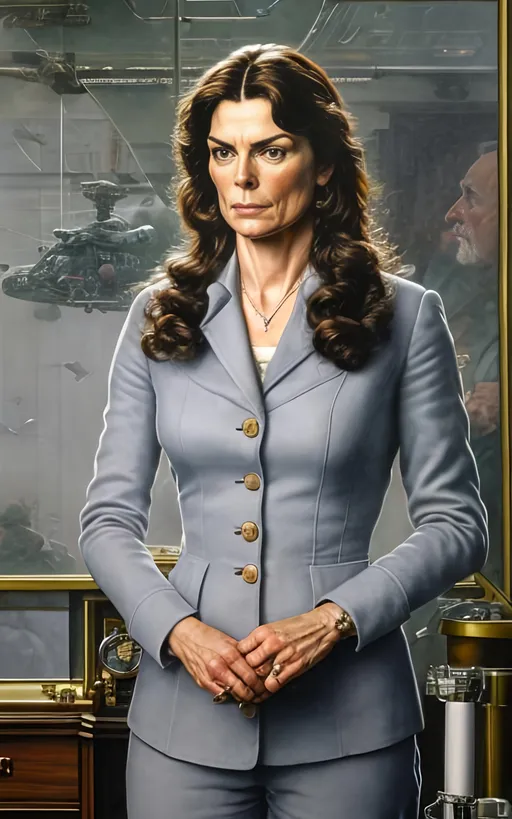 Prompt: create a highly detailed colored pencil drawing standing portrait on grey paper, in the style of Norman Rockwell, Tsutomu Nihei and Steve Hanks. Every detail is meticulously captured, in HDR (High Dynamic Range), UHD (Ultra High Definition), and 1080p. Michelle Forbes portrays Admiral Helena Cain in the drama tv movie "Battlestar Galactica." wearing a leather uniform. use all best practices in art and design to produce what would be recognized as a master work art piece. use accurate perspective and foreshortening. use atmospheric perspective. create expressive faces and use dramatic lighting. fur coat and fur hat. Michelle Forbes portrays Admiral Helena Cain: Pegasus's formidable commander, Cain, exudes steely authority in her perfectly tailored uniform. Her blonde hair, pulled back in a tight bun, and her cold blue eyes leave no room for doubt about her unwavering resolve. Her crisp attire, devoid of any personal touches, reflects her single-minded focus on military efficiency and victory at any cost. She's a force of nature, her presence demanding obedience and respect, even from the seasoned officers of Galactica., cinematic, illustration, poster, portrait photography