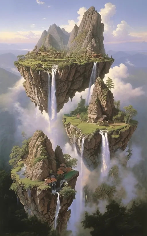 Prompt: in the style of Dalhart Windberg, Jean Baptiste, and Steve Hanks create a highly detailed and photorealistic painting of an otherworldly painting in of photorealistic realism of groups of floating mountains and verdant islands and some flat floating lands connected to each other by vines and tree roots, seemingly torn from a distant mountain range, create a surreal dreamscape that captivates the senses. These colossal formations, each with its own unique contours and character, cluster together in a harmonious dance of shapes and sizes, forming a mesmerizing tapestry against the backdrop of an endless sky. Upon these suspended landmasses, life flourishes in abundance. Trees of unimaginable size and diversity adorn the islands, their roots and vines intertwining in a delicate ballet that weaves through the air, connecting the floating wonders in a labyrinth of greenery. From the lofty peaks to the hidden recesses within the rocks, a myriad of flora and fauna thrives, painting the landscape with a kaleidoscope of colors and textures. As if drawn by an unseen hand, cascading waterfalls emerge from hidden springs nestled within the heart of the mountains, their crystalline streams carving sinuous paths down rugged slopes before dissolving into a fine mist that shrouds the landscape in an otherworldly veil. The air is alive with the soothing melody of rushing water and the gentle rustle of leaves, a symphony that echoes through the expanse, imbuing it with a sense of serene tranquility. Enveloping the floating marvels is a perpetual mist, its ethereal embrace adding an aura of mystery to the scene, obscuring distant vistas in a tantalizing haze. Below the suspended wonders lies a lush expanse of rolling hills and verdant valleys, their contours softened by a carpet of emerald foliage that stretches as far as the eye can see. Rocky bluffs rise majestically from the earth, their weathered faces bearing testament to the passage of time., cinematic, photo, poster