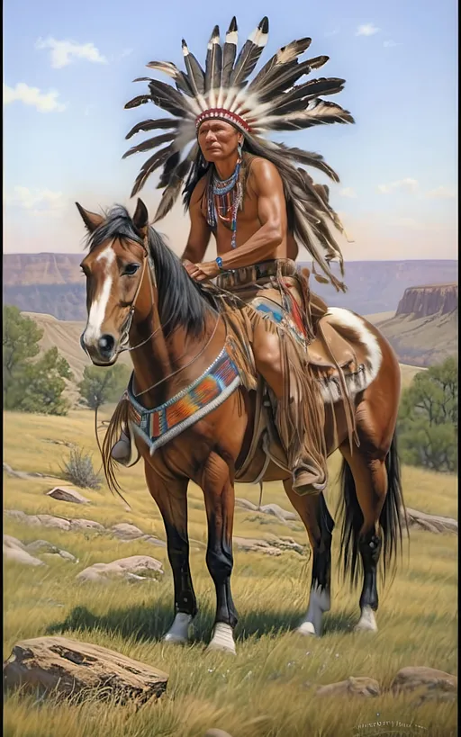 Prompt: create a realistic, hyper detailed, color pencil drawing, hyper detailed, UHD, HDR, 128K, In the heart of a picturesque landscape drawing in the style of Norman Rockwell, Steve Hanks, and Michael James Smith, dramatic natural lighting, portrait of a The Sioux Indian on a galloping horse counting coup is a traditional Native American ceremonial hunt that holds cultural significance among the Sioux people. In this dance, participants often wear elaborate traditional regalia, adorned with feathers, beads, and other symbolic elements.

Imagine a Sioux Indian dog dancer on a galloping horse, dressed in vibrant and meticulously crafted attire, consisting of fringed clothing, a headdress adorned with feathers, and intricate beadwork reflecting the cultural heritage of the Sioux tribe. The dancer moves with purpose and grace, embodying the spirit of the dog dance.