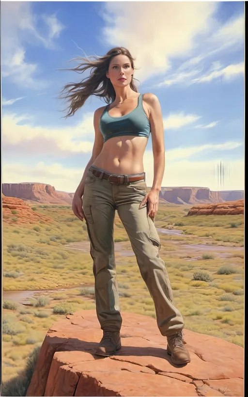 Prompt: create a hyper detailed, color pencil drawing, hyper detailed, UHD, HDR, 128K, standing on a rock portrait of a woman in in a semi-arid landscape portrait drawing in the style of Norman Rockwell, Steve Hanks, and Michael James Smith, portrait of woman, standing on the rock edge of a gulley with white drape billowing in the high wind. The woman forged by the harsh sands of a dystopian future and stands on the edge of a wide and rock gully with cracked stone and rock pebbles. Along the gully are ledges of rock overhanging over the edges of the gully and it is trimmed with mostly dry but an occasionally green brush, grass and tumble weed or other forest fauna including vines. in the middle of the gully there are falls of water still left from the last deluge that reflect the blue sky. a Texas Jackrabbit is brave enough to wander out to test the water. The rest of the scene is an serene scene with lush brush and grass. Dramatic natural light. There is a blue sky with swirling cumulus clouds. There are low hills in the far distance that are faded and blue and some trees can be seen in the distance. There is ponding water that reflects the sky., 3d render, painting, photo, cinematic, poster