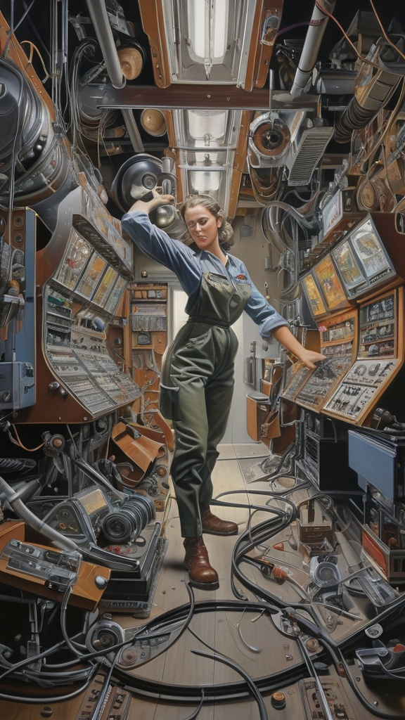 Prompt: In this awe-inspiring, meticulously detailed hyperrealist painting by Tomelee, the artist masterfully blends the styles of Norman Rockwell, Gustave Courbet, Steve Hanks, Moebius, Boris Vallejo, Jen Christiansen, N.C. Wyeth, and Frank Frazetta. The painting depicts a powerful female technician, seamlessly fusing human form and futuristic technology, within the confined spaces of an industrial space station control room. The cramped workshop is filled with tangled machinery, glowing screens, cables snaking across the floor, and numerous control panels. The room is illuminated by a blinding overhead light, casting sharp highlights and long shadows that emphasize the gritty, worn nature of the space and its occupant. The woman stands at the heart of the scene, her form commanding and powerful. Clad in