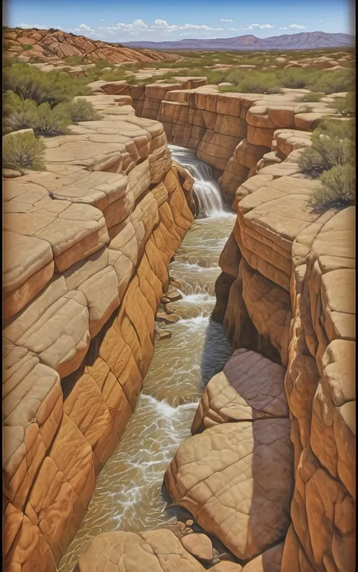 Prompt: highly detailed, UHD, HDR, 128K, color pencil, in the style of Norman Rockwell and Steve Hanks, with very fine grain style. a shallow and wide and rock gully with cracked stone and rock pebbles. A beautiful woman in white flowing robes stands on the edge of the rock ledge and the wind is blowing. There are ledges of rock overhanging over the edges of the gully and it is trimmed with mostly dry but an occasionally green brush, grass and tumble weed or other forest fauna including vines. in the middle of the gully there are falls of water still left from the last deluge that reflect the blue sky. a Texas Jackrabbit is brave enough to wander out to test the water. The rest of the scene is an serene scene with lush brush and grass. There is a blue sky with swirling cumulus clouds. There are low hills in the far distance that are faded and blue and some trees can be seen in the distance. There is ponding water that reflects the sky., 3d render, painting, photo, cinematic, poster