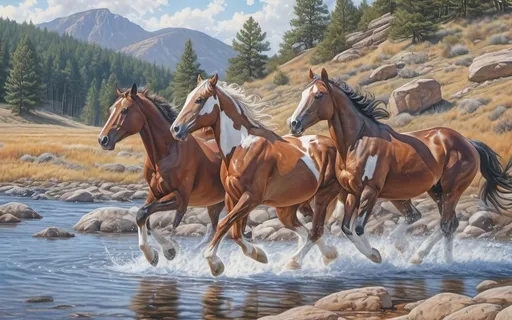 Prompt: create a hyper detailed, hyper detailed, 800 dpi, standing on a rock portrait drawing in the style of Norman Rockwell, Steve Hanks, and Michael James Smith, dramatic natural lighting, portrait of a breathtaking blue sky with swirling clouds, close up of a black, red, and white wild horse running through water and making a splash with transparent splashes charging through water running across the shadowy river bed scene, cinematic, poster, photo