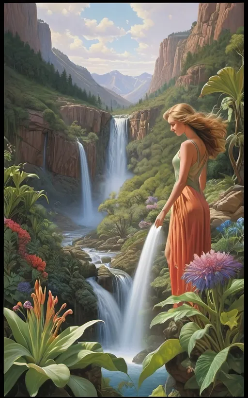 Prompt: in the style of Dalhart Windberg, Jean Baptiste, and Steve Hanks create a highly detailed painting of an otherworldly rainy landscape with green plants and cascading waterfalls. winged women are visible flying around above the water, an awe-inspiring masterpiece revealing a multifaceted tapestry that seamlessly fuses the fantastical and the futuristic. The canvas, an expansive testament to artistic virtuosity, stretches far beyond the viewer's grasp, capturing the infinite wonders of a distant celestial realm. The sky, a captivating celestial dome, pulses with dynamic gradients of color, transitioning from the deepest purples to shimmering iridescent blues, creating an atmospheric kaleidoscope that defies earthly expectations. As the eye delves into the intricacies of this lush alien world, the landscape reveals itself in layers of profound complexity. Atmospheric perspective, a skillful technique employed with precision, imparts a sense of vastness by gently shrouding distant formations in a subtle haze, conjuring an enigmatic allure that beckons exploration. In the foreground, an explosion of vibrant hues unveils an array of alien flora and fauna, each intricately detailed petal and tendril pulsating with an otherworldly energy. The meticulous application of color, reminiscent of the finest brushstrokes, grants life to this vibrant ecosystem, where every shade and tone harmonizes in a mesmerizing dance of color. The orchestration of the golden rectangle theory masterfully guides the arrangement of these vivid elements, weaving a visual symphony that invites the viewer on a journey through the composition. Dramatic lighting, reminiscent of celestial phenomena, bathes the scene in a dynamic radiance. Long shadows stretch across the jagged peaks and valleys, enhancing the three-dimensional quality of the landscape and infusing the environment with a sense of dynamism. The interplay between positive and negative space is an intricate ballet, where empty expanses seamlessly guide the viewer's gaze through the scene.