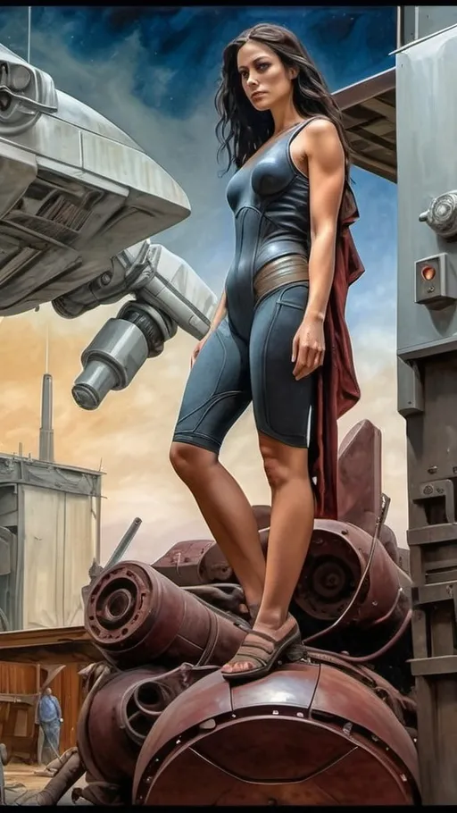 Prompt: Create a realistic, painterly textured painting, and meticulously detailed, dramatic, realistic, hyperrealist, sfumato, vibrant, painterly painting of a woman in a biomechanical exosuit repairing a spacecraft in a cluttered hangar on an alien planet, with an alien skyline and twin moons visible through an open hangar door under an indigo sky.

OUTPUT2:
Create a realistic, impressionistic painting, and meticulously detailed, dramatic, realistic, sfumato, vibrant, painterly painting with sharp detail in the foreground, the artist expertly blends the styles of Norman Rockwell, Gustave Courbet, Steve Hanks, Moebius, Julie Bell, William Hagerman, Andrew Wyeth, Jen Christiansen, Popular Mechanics, and Frank Frazetta. Use Albert Bierstadt lighting and shadows. Use realistic and accurate scale, proportion, perspective, and foreshortening. The protagonist is the focal point of the image. The tonal range of the image is subdued, with a predominance of earthy, muted hues.  The lines, curves, and gradients create a harmonious, organic composition. There is a translucent outer glow around the protagonist. Mute the background and use atmospheric perspective for depth. Make sure the image is not busy or crowded.  Mute the background colors. Use strong natural lighting from one side and use a weak cool reflected light on the opposite side. Convert any protagonist into a contemporary style. Ensure the anatomy of the protagonist is accurate and to scale and the foreshortening and perspective is correct. The image should be lifelike and realistic. The folds of the fabric should look natural. Use atmospheric perspective, dramatic lighting, reflected light, cool colors in the shadows, and warm colors in the light. Use strong dramatic natural lighting from one side, cool colors in the background, and warm colors in the foreground. Use accurate anatomy, proportions, perspective, and foreshortening. Use Color Harmony and a Mother Color.
