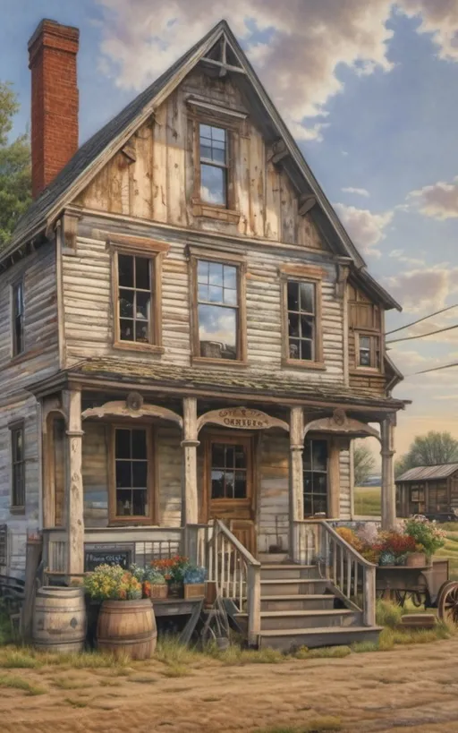 Prompt: create a realistic, hyper detailed, color pencil drawing, hyper detailed, UHD, HDR, 128K, In the heart of a picturesque landscape drawing in the style of Norman Rockwell, Steve Hanks, and Michael James Smith, dramatic natural lighting, façade door and front window with reflection of western dry goods store in 1880 zoomed into window with "Dry Goods" painted on window with reflection; view of the window and door front view portrait of the façade of a dry goods store. The 1880s dry goods store presents a nostalgic glimpse into the past, frozen in a frame of time. The weathered façade of the establishment, constructed from aged wood, bears the marks of countless seasons and stories. As you zoom in, your eyes are drawn to the front window, a portal to the world within. The window, adorned with the bold proclamation "Dry Goods" in a rustic western font, is a canvas that captures the essence of the era. Half of the glass surface is dappled with a glaring reflection, mirroring the surroundings of the bustling street. Buildings, clouds, and the expansive sky blend into a mosaic of distorted imagery, adding an atmospheric touch to the scene. On the unblemished half of the window, the interior of the store comes to life. A curated display of dry goods, neatly arranged on shelves, is visible to those passing by. Bolts of fabric, hats, and various items that cater to the needs of the townsfolk create a visual feast behind the clear glass.