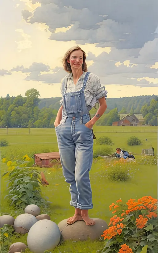 Prompt: create a highly detailed colored pencil drawing standing portrait on grey paper, in the style of Norman Rockwell, Tsutomu Nihei and Steve Hanks of  a                   beautiful and tranquil young country woman wearing jeans and sitting on a boulder portrait in her lush and overflowing garden next to her modest farm house reflecting on the days work, wearing a sun dress against an evening sky                        portrait on grey paper against a detailed hilly spring  landscape with dark swirling clouds of a brewing thunderhead against a full moon stirs in the background, in the style of Norman Rockwell, Tsutomu Nihei and Steve Hanks of                 
       the tranquil countryside, a country person sits comfortably on the front porch steps of a modest farmhouse, taking a moment to reflect on the day's endeavors. The surroundings exude a sense of peace and simplicity, inviting a connection with nature.  the face is hyper-detailed.
Dressed in well-worn yet tidy work clothes, the individual seems at ease, embodying the hardworking spirit of rural life. The porch, though not extravagant, is detailed and well-maintained, featuring a rocking chair and perhaps a wooden table with a cup of coffee or tea.  
As the person contemplates, their gaze extends to the expansive fields in the distance. The crops, recently planted, are beginning to sprout, promising a bountiful harvest in the future. The vibrant green of the emerging plants contrasts beautifully with the rich brown soil. 
Against the canvas of the rural landscape.
In this picturesque setting, the country person finds solace and fulfillment, appreciating the simplicity and beauty of a life intertwined with the land. The scene captures the essence of rural existence, where hard work and contemplation merge seamlessly against a backdrop of nature's wonders.