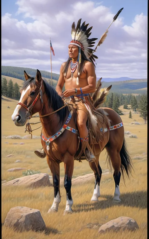 Prompt: create a realistic, hyper detailed, color pencil drawing, hyper detailed, UHD, HDR, 128K, In the heart of a picturesque landscape drawing in the style of Norman Rockwell, Steve Hanks, and Michael James Smith, dramatic natural lighting, portrait of a The Sioux Indian on a galloping horse counting coup is a traditional Native American ceremonial hunt that holds cultural significance among the Sioux people. In this dance, participants often wear elaborate traditional regalia, adorned with feathers, beads, and other symbolic elements.

Imagine a Sioux Indian dog dancer on a galloping horse, dressed in vibrant and meticulously crafted attire, consisting of fringed clothing, a headdress adorned with feathers, and intricate beadwork reflecting the cultural heritage of the Sioux tribe. The dancer moves with purpose and grace, embodying the spirit of the dog dance.