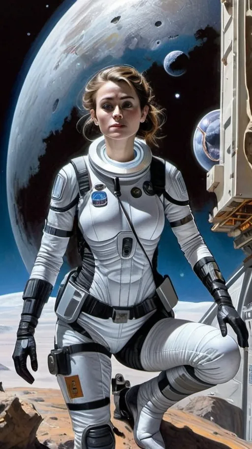 Prompt: Create a realistic, painting, and meticulously detailed, dramatic, realistic, hyperrealist, sfumato, vibrant, painterly painting of a woman in a biomechanical exosuit repairing a spacecraft in a cluttered hangar on an alien planet, with an alien skyline and twin moons visible through an open hangar door under an indigo sky.

OUTPUT2:
Create a realistic, impressionistic painting, and meticulously detailed, dramatic, realistic, sfumato, vibrant, painterly painting with sharp detail in the foreground, the artist expertly blends the styles of Norman Rockwell, Gustave Courbet, Steve Hanks, Moebius, Julie Bell, William Hagerman, Andrew Wyeth, Jen Christiansen, Popular Mechanics, and Frank Frazetta. Use Albert Bierstadt lighting and shadows. Use realistic and accurate scale, proportion, perspective, and foreshortening. The protagonist is the focal point of the image. The tonal range of the image is subdued, with a predominance of earthy, muted hues.  The lines, curves, and gradients create a harmonious, organic composition. There is a translucent outer glow around the protagonist. Mute the background and use atmospheric perspective for depth. Make sure the image is not busy or crowded.  Mute the background colors. Use strong natural lighting from one side and use a weak cool reflected light on the opposite side. Convert any protagonist into a contemporary style. Ensure the anatomy of the protagonist is accurate and to scale and the foreshortening and perspective is correct. The image should be lifelike and realistic. The folds of the fabric should look natural. Use atmospheric perspective, dramatic lighting, reflected light, cool colors in the shadows, and warm colors in the light. Use strong dramatic natural lighting from one side, cool colors in the background, and warm colors in the foreground. Use accurate anatomy, proportions, perspective, and foreshortening. Use Color Harmony and a Mother Color.