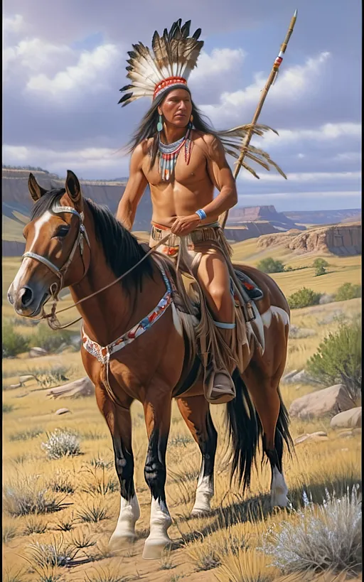 Prompt: create a realistic, hyper detailed, color pencil drawing, hyper detailed, UHD, HDR, 128K, In the heart of a picturesque landscape drawing in the style of Norman Rockwell, Steve Hanks, and Michael James Smith, dramatic natural lighting, portrait of a The Sioux Indian on a galloping horse counting coup is a traditional Native American ceremonial hunt that holds cultural significance among the Sioux people. In this dance, participants often wear elaborate traditional regalia, adorned with feathers, beads, and other symbolic elements.

Imagine a Sioux Indian dog dancer on a galloping horse, dressed in vibrant and meticulously crafted attire, consisting of fringed clothing, a headdress adorned with feathers, and intricate beadwork reflecting the cultural heritage of the Sioux tribe. The dancer moves with purpose and grace, embodying the spirit of the dog dance.