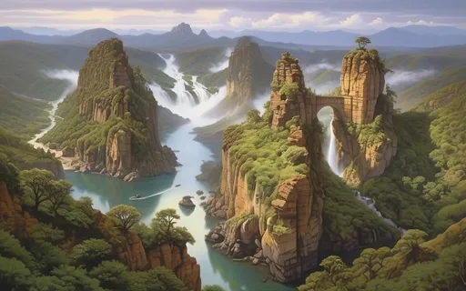 Prompt: in the style of Dalhart Windberg, Jean Baptiste, and Steve Hanks create a highly detailed and photorealistic painting of an otherworldly painting in of photorealistic realism of groups of floating mountains and verdant islands and some flat floating lands connected to each other by vines and tree roots, seemingly torn from a distant mountain range, create a surreal dreamscape that captivates the senses. These colossal formations, each with its own unique contours and character, cluster together in a harmonious dance of shapes and sizes, forming a mesmerizing tapestry against the backdrop of an endless sky. Upon these suspended landmasses, life flourishes in abundance. Trees of unimaginable size and diversity adorn the islands, their roots and vines intertwining in a delicate ballet that weaves through the air, connecting the floating wonders in a labyrinth of greenery. From the lofty peaks to the hidden recesses within the rocks, a myriad of flora and fauna thrives, painting the landscape with a kaleidoscope of colors and textures. As if drawn by an unseen hand, cascading waterfalls emerge from hidden springs nestled within the heart of the mountains, their crystalline streams carving sinuous paths down rugged slopes before dissolving into a fine mist that shrouds the landscape in an otherworldly veil. The air is alive with the soothing melody of rushing water and the gentle rustle of leaves, a symphony that echoes through the expanse, imbuing it with a sense of serene tranquility. Enveloping the floating marvels is a perpetual mist, its ethereal embrace adding an aura of mystery to the scene, obscuring distant vistas in a tantalizing haze. Below the suspended wonders lies a lush expanse of rolling hills and verdant valleys, their contours softened by a carpet of emerald foliage that stretches as far as the eye can see. Rocky bluffs rise majestically from the earth, their weathered faces bearing testament to the passage of time., cinematic, photo, poster