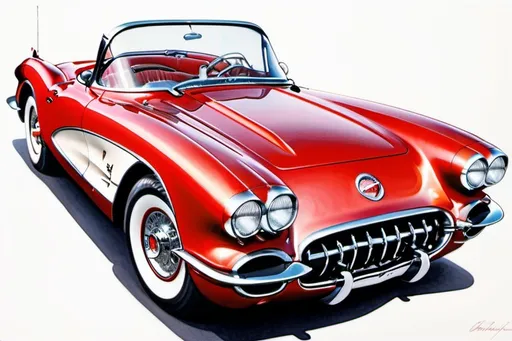 Prompt: use best practices of art and design to create a realistic, negative space, center focus, hyper detailed, crisp focus, sharp focus, UHD, HDR, 128K, a hyper realistic, vibrant color color pencil technical illustration cutaway drawing, on white paper, of an isometric cherry red 1957 corvette convertible  disassembly parts exploded view disassembly, hyper detailed drawing, in the style of Norman Rockwell, Caravaggio, Steve Hanks, and Michael James Smith, using atmospheric perspective, with dramatic lighting, drawing of 
 . The drawing is predominantly adorned with rich vibrant colors, with a striking accent color, BD8B0E, adding an electrifying touch.  add negative space around object. white space. color pencil drawing


a technical illustration cutaway drawing of a cherry red 1957 corvette convertible disassembly parts exploded view disassembly