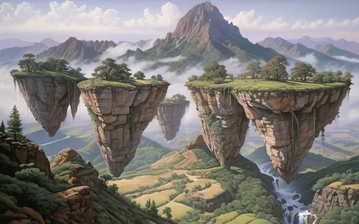 Prompt: in the style of Dalhart Windberg, Jean Baptiste, and Steve Hanks create a highly detailed and photorealistic painting of an otherworldly painting in of photorealistic realism of groups of floating mountains and verdant islands and some flat floating lands connected to each other by vines and tree roots, seemingly torn from a distant mountain range, create a surreal dreamscape that captivates the senses. These colossal formations, each with its own unique contours and character, cluster together in a harmonious dance of shapes and sizes, forming a mesmerizing tapestry against the backdrop of an endless sky. Upon these suspended landmasses, life flourishes in abundance. Trees of unimaginable size and diversity adorn the islands, their roots and vines intertwining in a delicate ballet that weaves through the air, connecting the floating wonders in a labyrinth of greenery. From the lofty peaks to the hidden recesses within the rocks, a myriad of flora and fauna thrives, painting the landscape with a kaleidoscope of colors and textures. As if drawn by an unseen hand, cascading waterfalls emerge from hidden springs nestled within the heart of the mountains, their crystalline streams carving sinuous paths down rugged slopes before dissolving into a fine mist that shrouds the landscape in an otherworldly veil. The air is alive with the soothing melody of rushing water and the gentle rustle of leaves, a symphony that echoes through the expanse, imbuing it with a sense of serene tranquility. Enveloping the floating marvels is a perpetual mist, its ethereal embrace adding an aura of mystery to the scene, obscuring distant vistas in a tantalizing haze. Below the suspended wonders lies a lush expanse of rolling hills and verdant valleys, their contours softened by a carpet of emerald foliage that stretches as far as the eye can see. Rocky bluffs rise majestically from the earth, their weathered faces bearing testament to the passage of time., cinematic, photo, poster