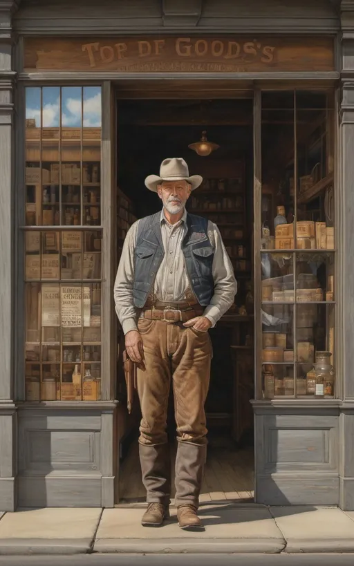 Prompt: create a highly detailed colored pencil drawing standing portrait on grey paper, in the style of Norman Rockwell, Tsutomu Nihei and Steve Hanks of a dry goods store façade. shown are wooden façade and wooden sidewalk, the door and front windows on each side with reflection of western dry goods store in 1880 zoomed into plate glass window with the words "Dry Goods" painted on window with a bright reflection; view of the window and door front view portrait of the façade of a dry goods store. The 1880s dry goods store presents a nostalgic glimpse into the past. The weathered façade of the establishment, constructed from aged wood. the front window is a portal to the world within. The window, adorned with the bold proclamation "Dry Goods" in a rustic western font. Half of the glass surface is dappled with a glaring reflection of the sky and street in front of the store. A horse and buckboard wagon is parked in the front half loaded with dry goods. The town sheriff is leaning on edifice