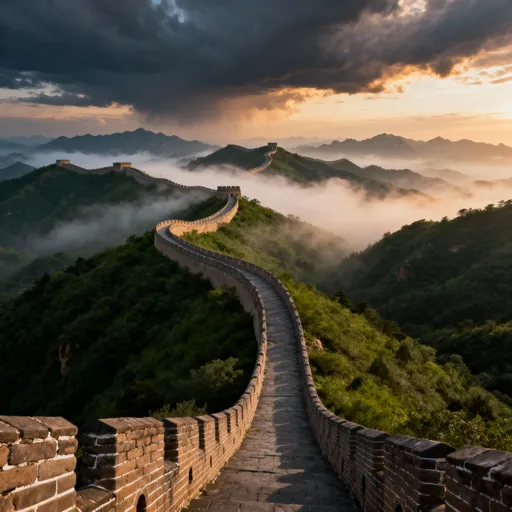 Prompt: A sweeping aerial view of the Great Wall of China winding across misty mountains, dramatic sky, lush green hills, ancient stone textures, early morning atmosphere, cinematic epic scale, ultra realistic landscape.