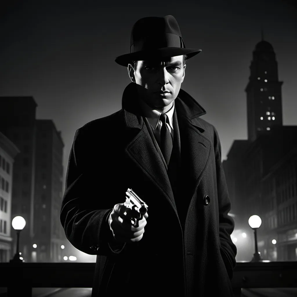 Prompt: dim, night film noir photography, Detective, 1950s, holding revolver, city background, black coat and hat, shadows