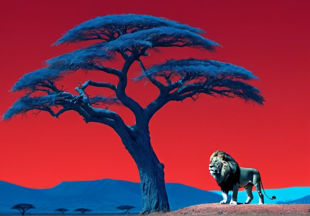 Prompt: Lion in africa front of tree and mountain in Red screen behind with blue everything else