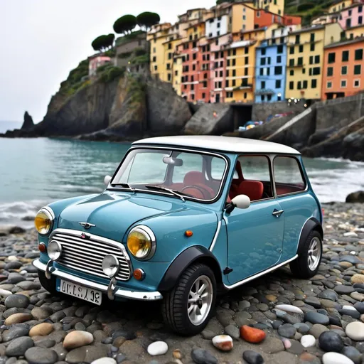 Prompt: Create a Mini Cooper S into Riomaggiore beach, style Luca film Pixar