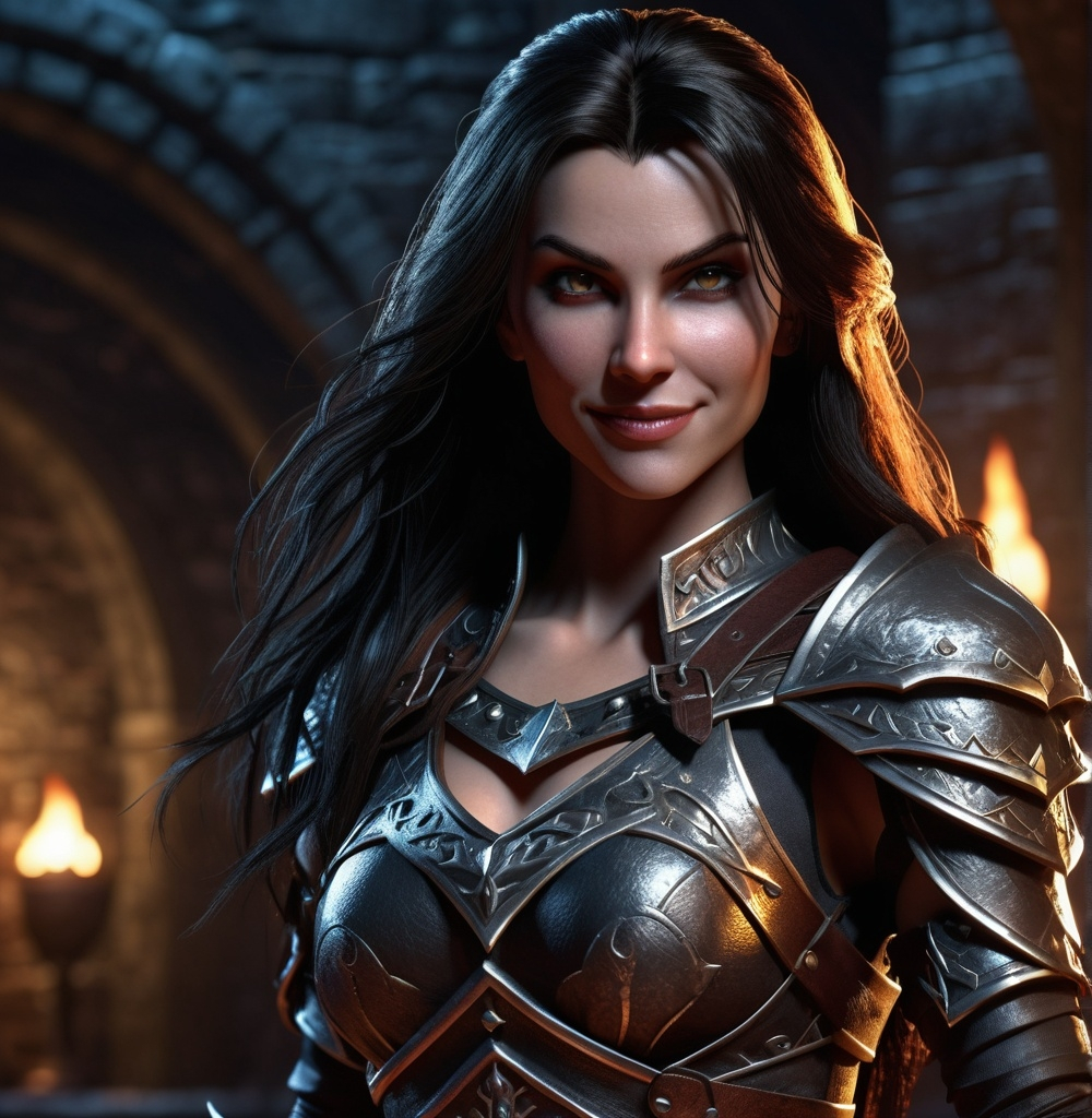 Prompt: Photorealistic, detailed face, high resolution, 4k, full body dungeons and dragons character, female human warrior, high definition, long dark hair, attractive body, evil gaze, wicked smile, wearing tight and luxurious clothes, intense details, vivid textures, dramatic lighting, captivating atmosphere, fantasy realm background, ultra-detailed.