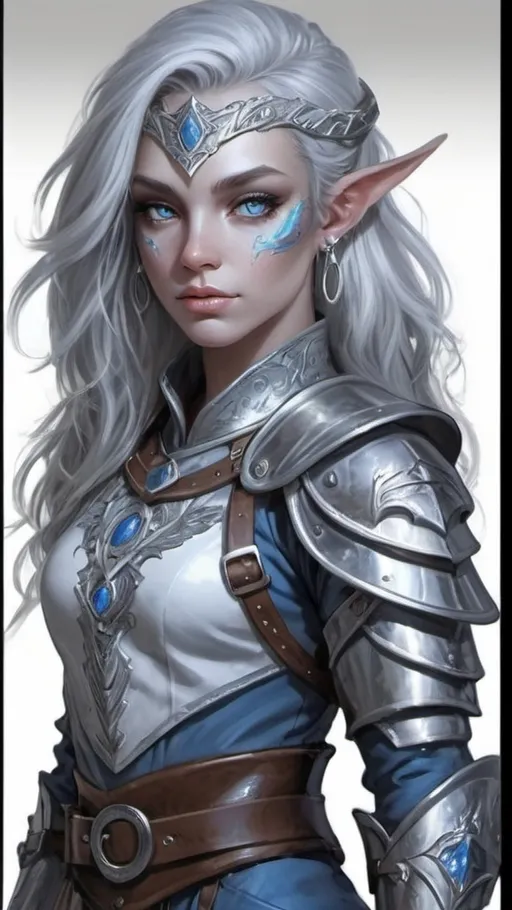 Prompt: A beautiful Silver Dragonborn female paladin in her early twenty’s, with an attractive athletic yet lean build, stands proudly. Her eyes, an striking shade of piercing blue, sparkle with determination , while his long silver hair is styled with a few loose strands framing her forehead. Her skin is a silver white tone. She wears a stylish plate armor, cinched at the waist by a wide, studded leather belt, and matching loose-fitting pants, tucked into knee-high, plate heel boots. A silver circlet with an inlaid, glimmering opal rests The background a yard in a stronghold. Full body, dnd, no horns